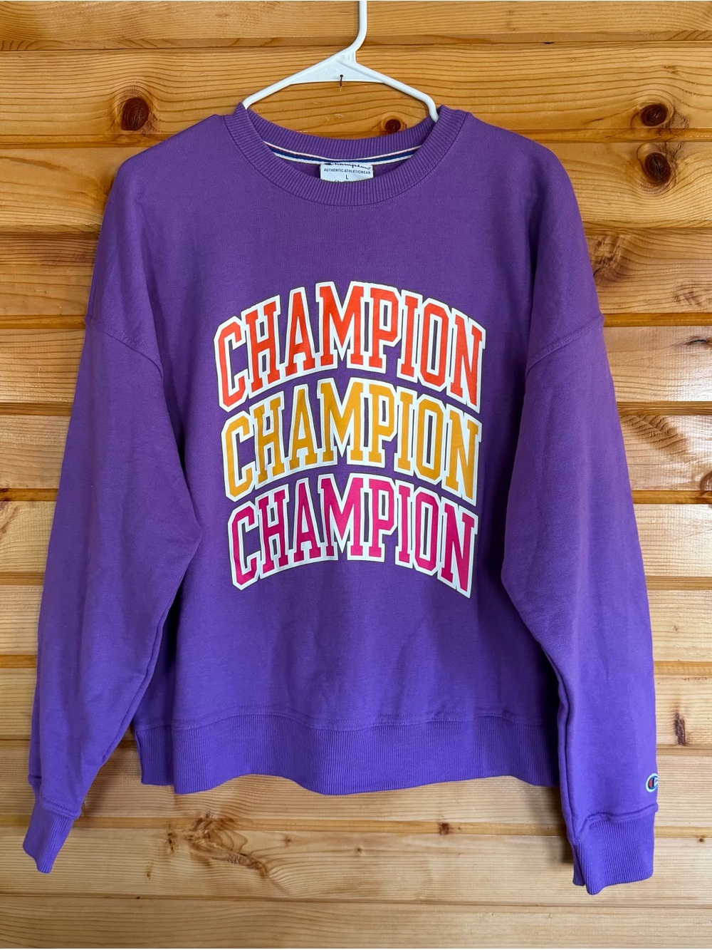 Champion Purple Crewneck with Multicolor Stacked Logo